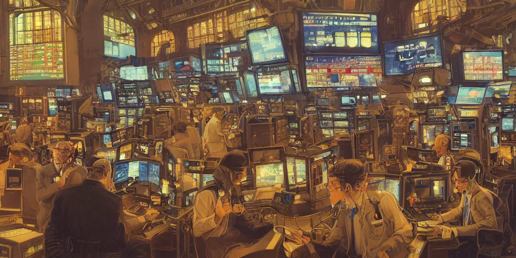 Prompt: beautiful schematic of traders in the new york stock exchange, by paul lehr and mark kolobaev and artgerm, dieselpunk, highly detailed, intricate, studio ghibli color scheme, masterpiece