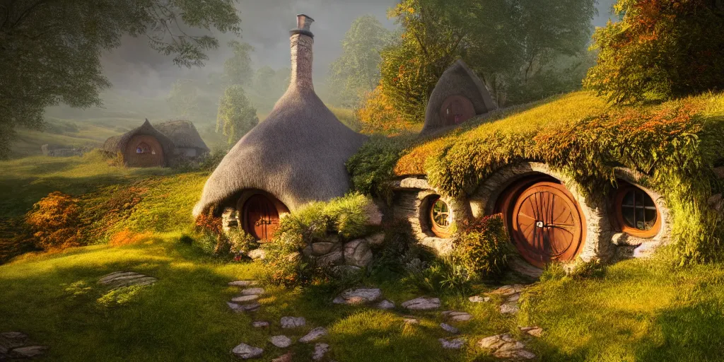 Image similar to a hobbit cottage on top of a steep hill, highly detailed, autumn sunlights, smoky atmosphere, ( ray of sunlight ), trending on artstation, photorealism, canon 5 d, 3 5 mm lens, sharp details, 8 k, ultra wide angle, zenith view, lens effect