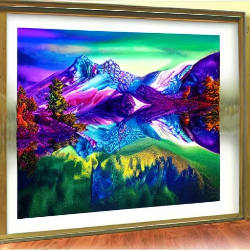 Prompt: Mountain bright reflections fractal HD 4k Realistic colorful dream in the style of Alex Grey and Ansel Adams