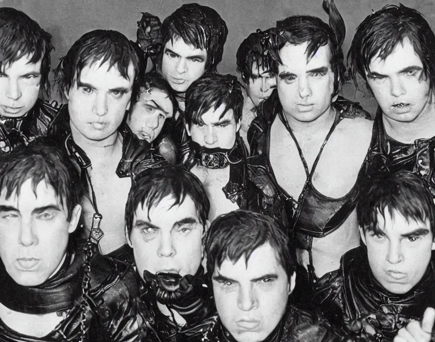 Image similar to dwarf boyband wearing wet leather, 1 9 8 0 surrealism aesthetic, detailed facial expressions