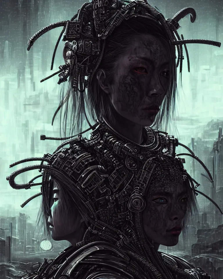 Image similar to ultra realist intricate detailed portrait of a dark samurai cyberpunk girl in an alien landscape, insanity, accurate features, apocalyptic, very intricate details, 8 k resolution, dim lighting, volumetric lighting, artstyle, brian despain and caspar david friedrich, award winning