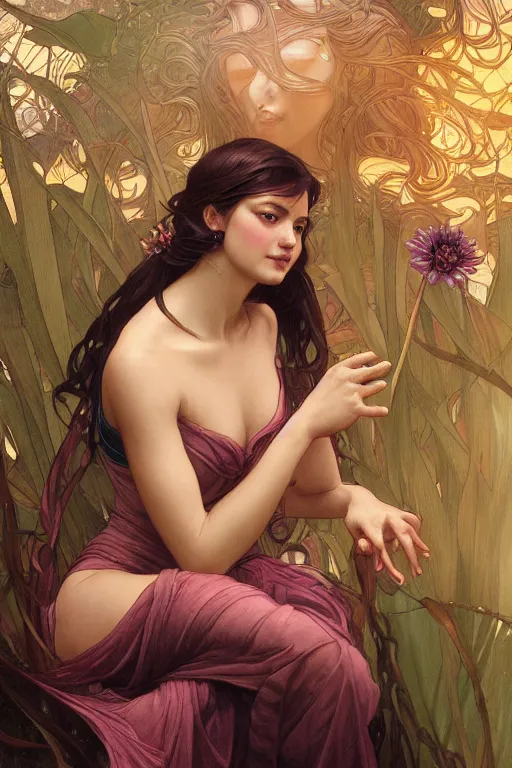 Prompt: close up portrait of goddes of waterlily, digital illustration, dramatic lighting, by artgerm and greg rutkowski and alphonse mucha