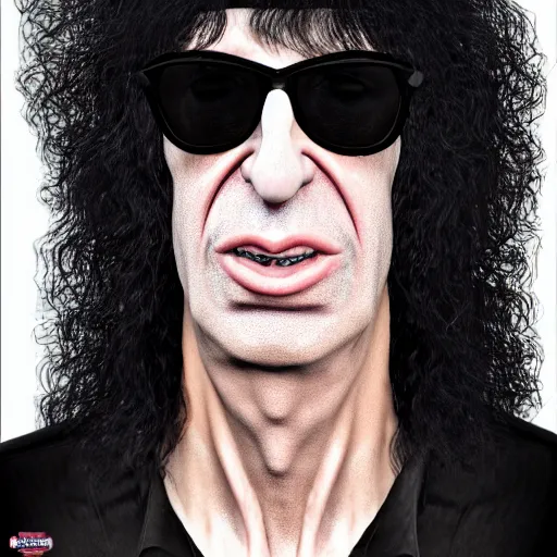 Image similar to The Lovechild of Joey Ramone and Howard Stern, real life, hyperrealistic, ultra realistic, realistic, highly detailed, epic, HD quality, 8k resolution, body and headshot, front facing, front view, headshot and bodyshot, detailed face, very detailed face