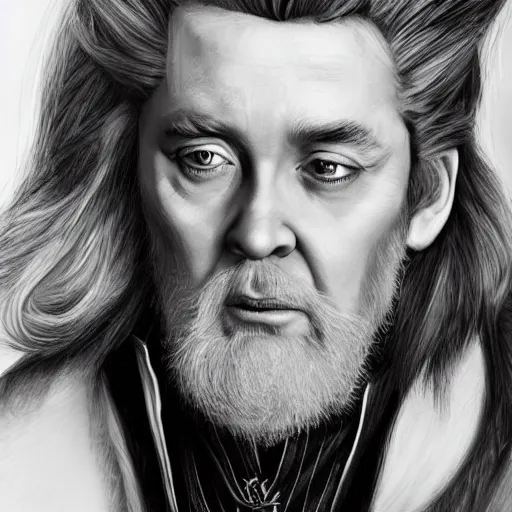 Image similar to dumbledore with elvis presley hair, trending on artstation, hyperrealistic, ultra detailed