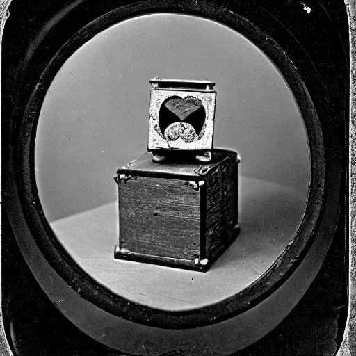 Image similar to 1 8 8 5 photo of a riveted companion!! cube!! from portal 2, heart shape, daguerrotype, high quality