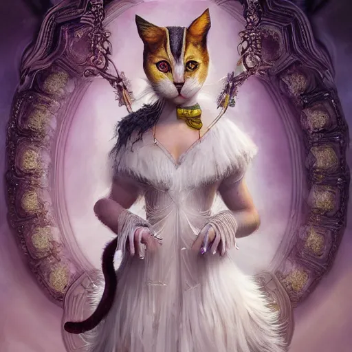 Image similar to picture generation, soft painting curiosities carnival, beautiful female anthropomorphic cat in full long dress, accurate features, focus, very intricate ultrafine details, black white purple volumetric clouds, award winning masterpiece, octane render 8 k hd, tom bagshaw artstyle