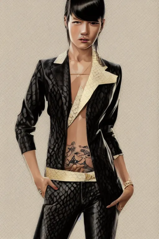 Image similar to yakuza slim girl, gold suit jacket in snake print, jacket over bare torso, yakuza tattoo on body, black short curtain haircut, black leather pants with black belt, portrait, elegant, 2d, ultra highly detailed, digital painting, smooth, sharp focus, artstation, art by Ilya Kuvshinov, rossdraws