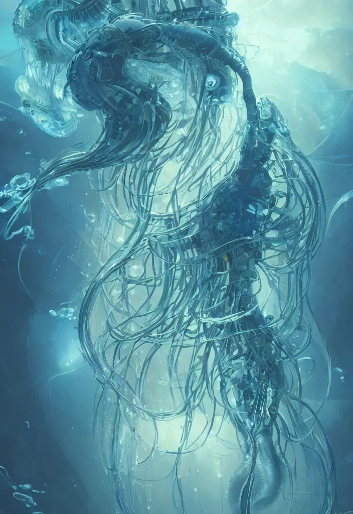 Image similar to Panorama hyper detailed painting of a cyberpunk jellyfish, blue tones, underwater, 8 mm, highly detailed, digital painting, artstation, concept art, smooth, sharp focus, illustration, art by artgerm and greg rutkowski and alphonse mucha