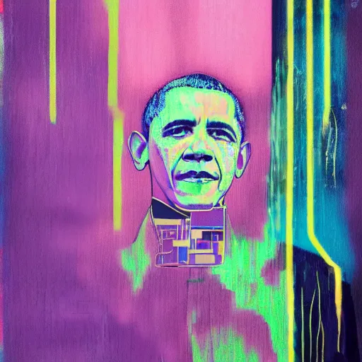 Image similar to barack obama, rain like a dream, oil painting, cyberpunk, basquiat + francis bacon + gustav klimt + beeple, elevated street art, fantasy lut, pink, blue, purple, green,