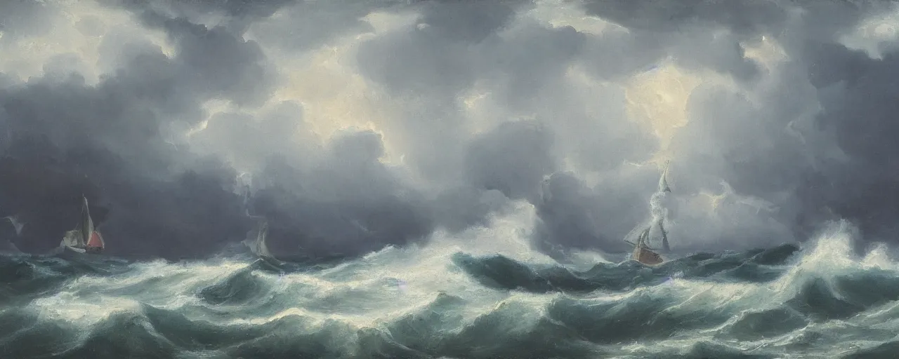 Image similar to a galleon in a stormy sea, lightning and craggy rocks, oil painting