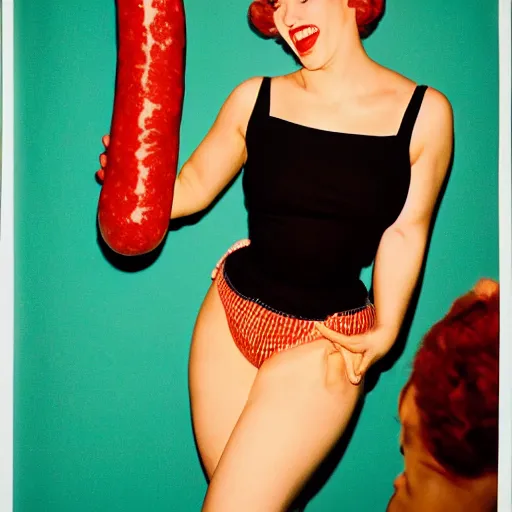 Image similar to ecstatic female fashion model holding an enormous sausage. pinup fine - art eritography, 3 5 mm, f / 2, cinechrome asa 2 0 0, collection of sfmoma, 1 9 8 8, postcard print.