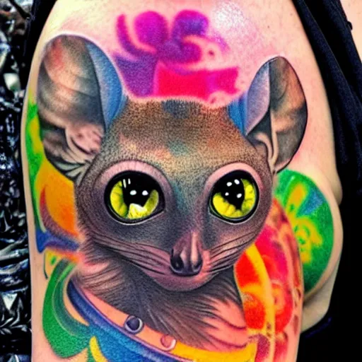 Prompt: shoulder tattoo of a multicolored trippy bushbaby with rainbow colored spiral eyes, long fur in rainbow colors, surrounded with a ring of colorful leaves and flowers, insanely integrate