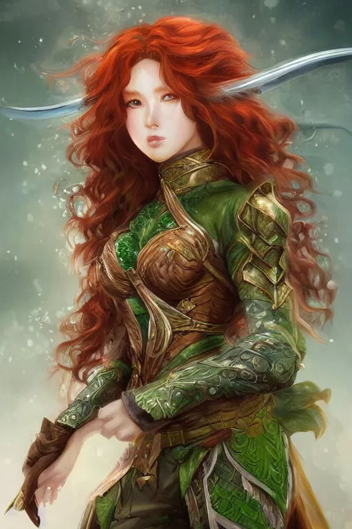 Image similar to A realistic anime portrait of long curly haired redhead female ranger wearing an intricate fantasy ranger outfit, asian facial features, green eyes, digital painting, by Stanley Artgerm Lau, Sakimichan, WLOP and Rossdraws, digtial painting, trending on ArtStation, SFW version