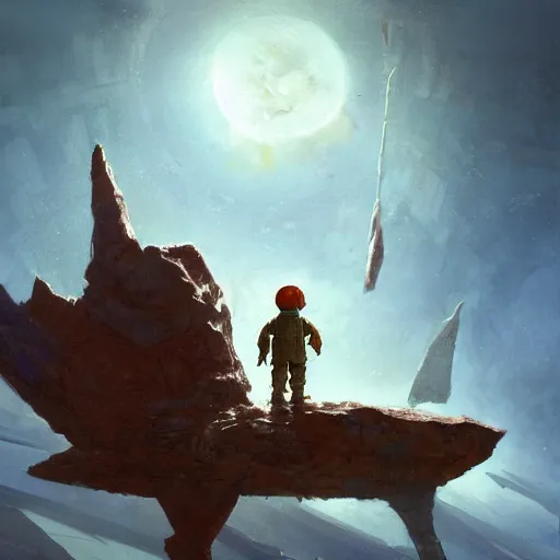 Prompt: A little boy who is now commander of his imaginary space ship wearing his cool imaginary suit, Graceful body structure,cute,Symmetrical face,highly detailed,elegant,Marc Simonetti and Caspar David Friedrich, Trending on artstation