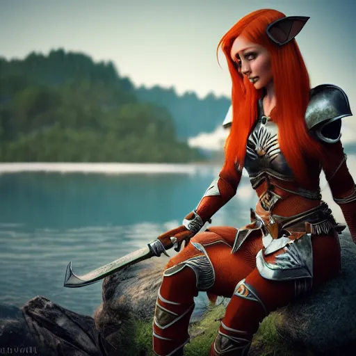 Image similar to beautiful female redhead elf warrior wearing armor, sitting next to a beautiful lake at dawn, enjoying the wind, looking at the water. 8k ultra realistic, award winning, unreal engine 5, masterpiece, atmosphere glow, hyperrealistic, focused, extreme details, cinematic