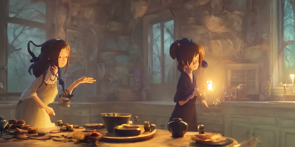 Image similar to a wholesome animation key shot of a focused witch preparing her potions at home, medium shot, waist up, studio Ghibli, Pixar and Disney animation, sharp, Rendered in Unreal Engine 5, anime key art by Greg Rutkowski, Bloom, dramatic lighting