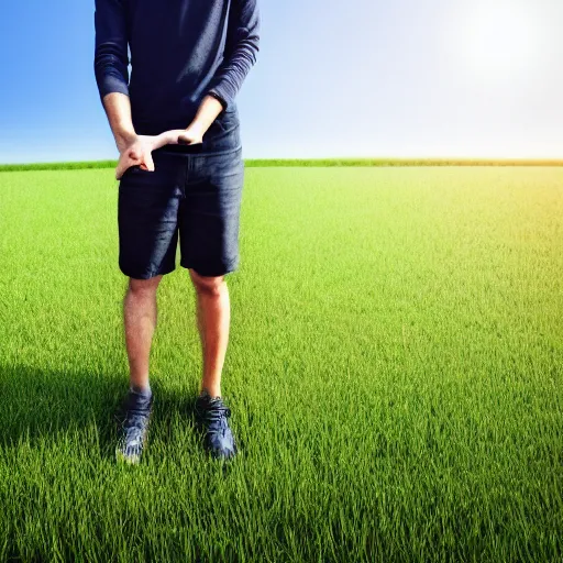 Prompt: 4k photograph of an internet moderator having to touch grass with a disgusted look on his face, green field, sunny day