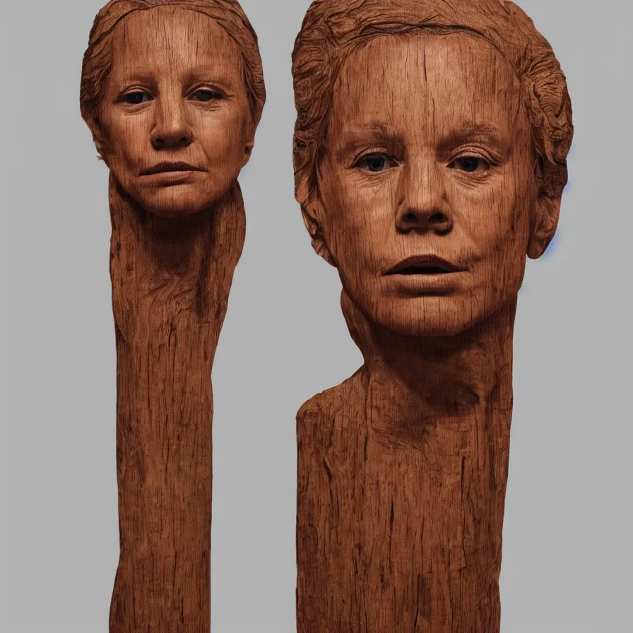 Image similar to realistic public sculpture portrait of a powerful stern woman, beautiful symmetrical face realistic proportions, carved out of a red oak wood on a pedestal by stephan balkenhol and martin puryear, hyperrealistic dramatic colored lighting trending on artstation 8 k