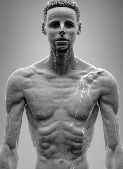 Image similar to a statue made of white marble with gold veins, of steph curry playing a modular synthesizer, transhumanism, full body shot, perfect symmetrical body, perfect symmetrical face, hyper realistic, hyper detailed, by johannen voss, by peter kemp, by monia merlo, by michelangelo, octane render, blender, 8 k