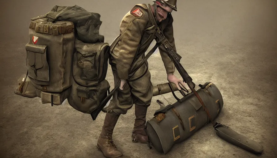 Image similar to world war 1 soldier, armor, chest, military pouch, military bag, belt, military, Artstation, concept design art, in the style of piotr yablonski and norman rockwell, Octane render, 8K