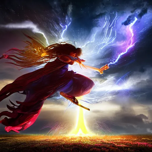 Prompt: Wuxia Cultivator, Magic God facing the Heavenly Dragon Lightning Tribulation, chinese fantasy, hyper realistic, high detailed, nebula background, epic legendary, award winning, cinematic, vibrant, majestic, dramatic lighting, octane render, mysterious, stopped in time