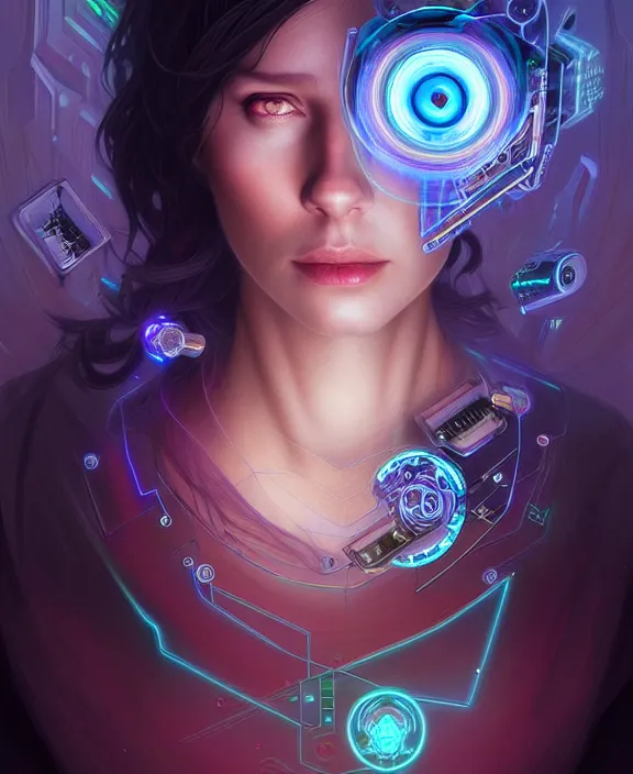 Image similar to a whirlwind of souls rushing inside the metaverse, hologram, half body, neurochip, shaved temple, piercing, jewelry, android, cyborg, cyberpunk face, by loish, d & d, fantasy, intricate, elegant, highly detailed, colorful, digital painting, artstation, concept art, art by artgerm and greg rutkowski and alphonse mucha