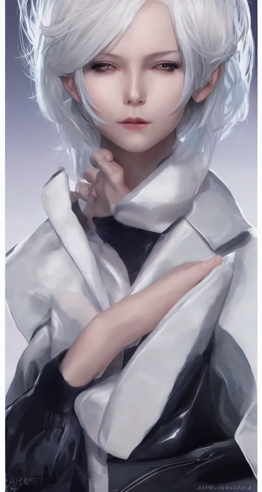 Image similar to a portrait of a scientist android girl with silver hair wearing white suit by artgerm and wlop and krenz cushart, painterly