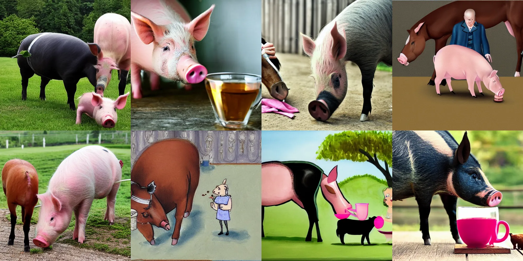 Prompt: a pig in heals drinking tea with a horse