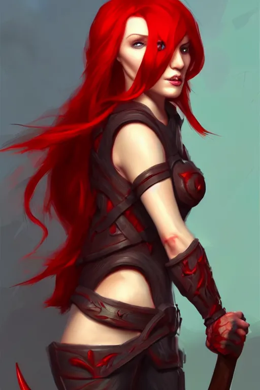 Image similar to a woman with red hair holding two large axes, concept art by senior character artist, true anatomy, artstation contest winner, fantasy art, concept art, artstation hd, 2 d game art