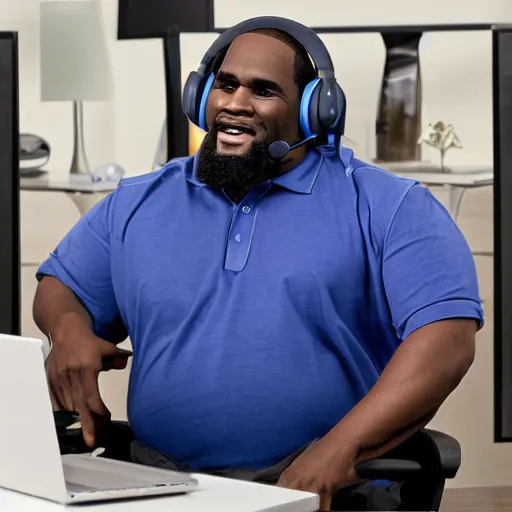 Prompt: obese r kelly sitting behind computer wearing headset