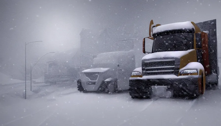 Image similar to Heavy Snow falls on a Snowplow parked in a winter landscape, a blizzard and thick snow, mist and fog, concept art, highly detailed