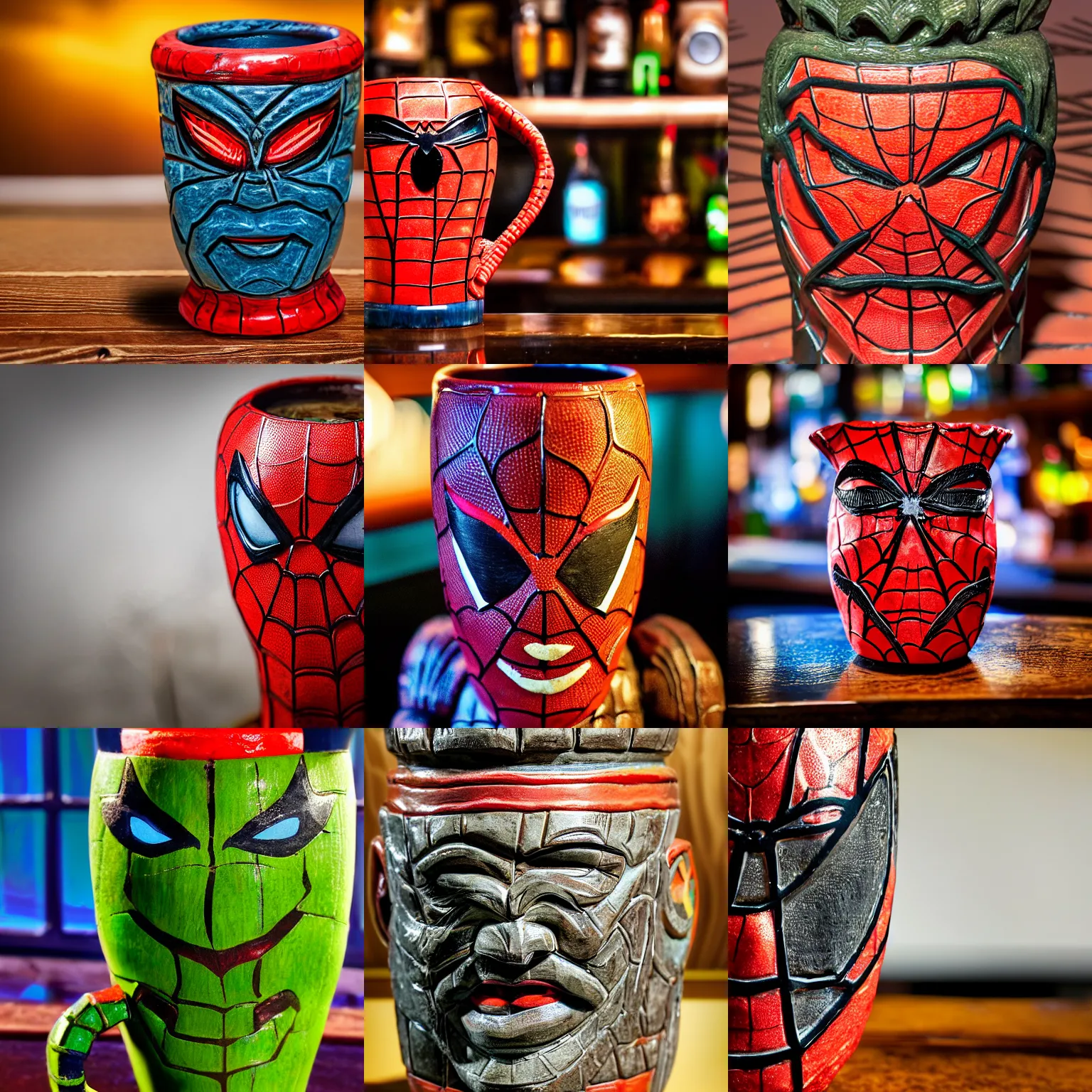 Image similar to a closeup photorealistic photograph of a spider man style tiki mug sitting at a trader vic's bar featuring the face of spider man. tiki theme. bright scene. fine detail. this 4 k hd image is trending on artstation, featured on behance, well - rendered, extra crisp, features intricate detail, epic composition and the style of unreal engine.