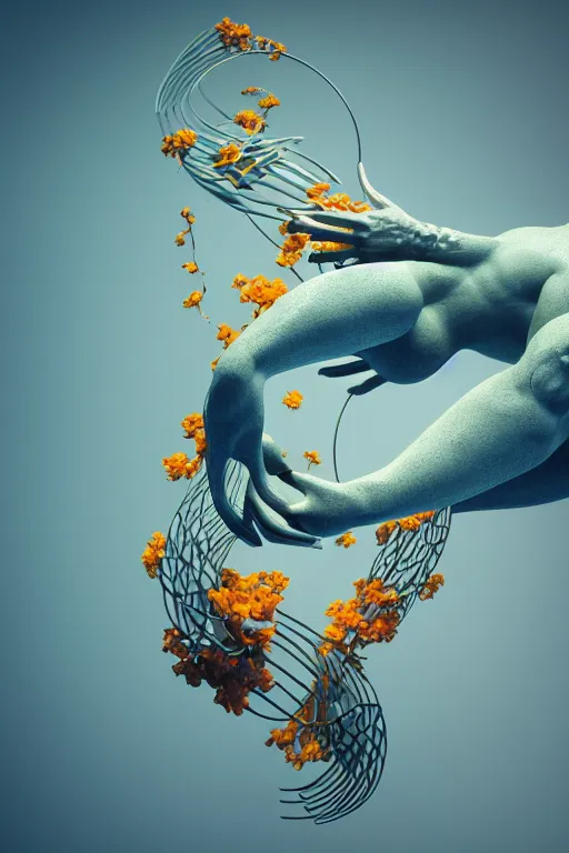 Image similar to a sculpture of fish ocean intertwined, diode lighting, a lovely cornucopia of flowers and human body parts, body parts, highly detailed, octane render, cinematic, sharp focus, clean, studio lighting