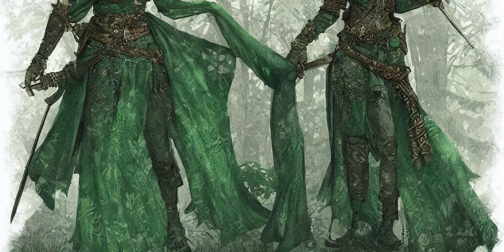 Prompt: a single medieval forest ranger rpg female, dnd, green patterned clothes with stitched magical symbols, by bayard wu