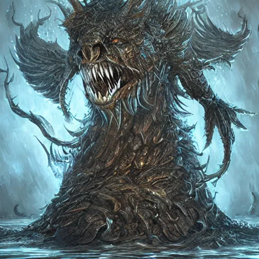 Image similar to A water elemental monster, feral, horrific, drawn by Keith Thompson, fantasy art, dramatic lighting, digital art,highly detailed