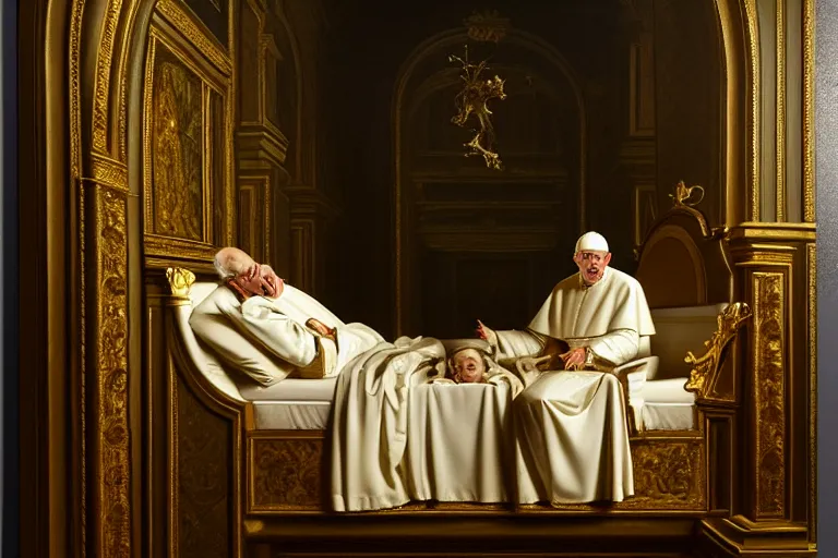 Prompt: pope john paul the 2 nd in his bed at night by vittorio reggianini, a demon lurks in on the opposite side of the room in the shadows
