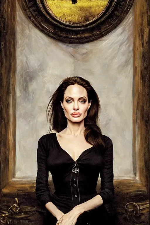 Prompt: a true-to-life portrait of Angelina Jolie against a backdrop of a time portal painted by John Everett Millais, real-life accurate, photoshoot