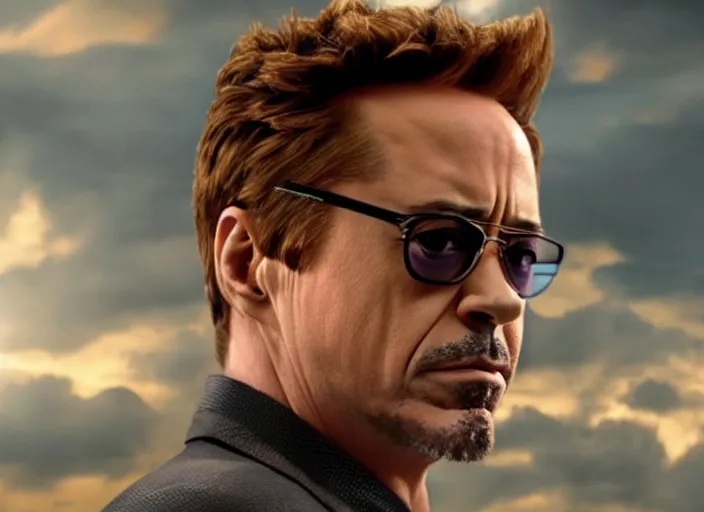 Image similar to film still of Robert Downey Jr as Cobb with the world bending in on itself in the background in Inception, 4k