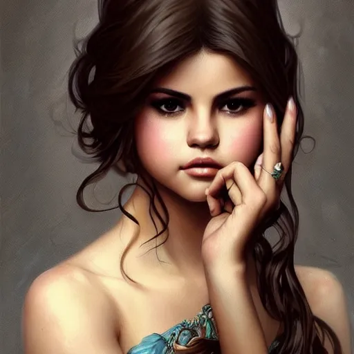 Image similar to selena gomez, fantasy, intricate, elegant, highly detailed, digital painting, artstation, concept art, smooth, sharp focus, illustration, art by artgerm and greg rutkowski and alphonse mucha