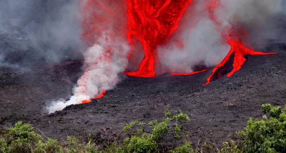 Image similar to a volcano made of ivory vines and crimson rocks enters in eruption, it spits a smoke in the shape of demonic eye, by a 8 years old kid,