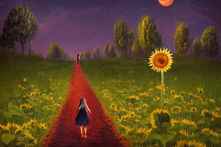 Prompt: giant sunflower as a head, girl walking between trees, hills, surreal photography, dark night, star trails, dramatic light, impressionist painting, clouds, digital painting, artstation, simon stalenhag