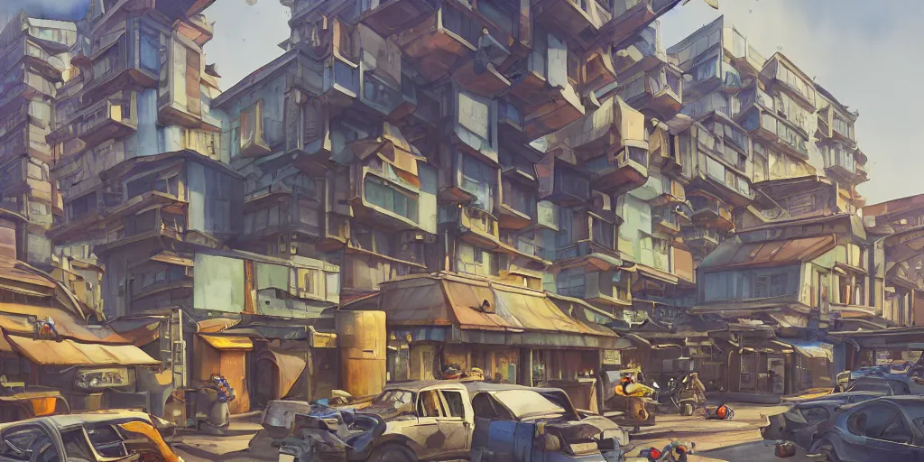 Image similar to overwatch building, stylized, exterior, architecture, in watercolor gouache detailed paintings, insanely detail, artstation, 8 k, futuristic, big medium small, arcane, simon stalenhag, food stall, interesting shapes & form, golden ratio, megastructures, vitaly bulgarov, slums, junkyard, oriental, asian, japanese alleyway