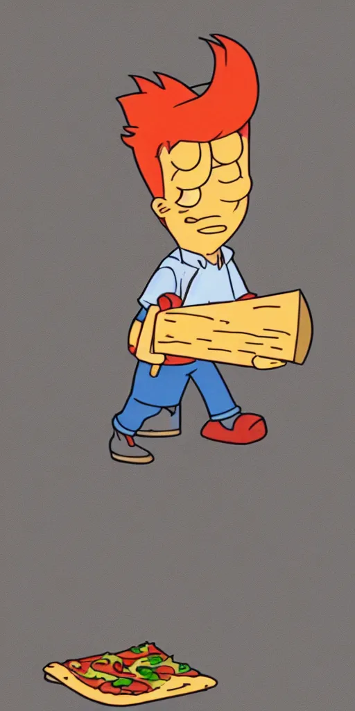 Image similar to a pizza delivery boy resembling Philip J. Fry standing in the doorway holding a pizza box, eerie lighting coming from behind, late at night, fireflies