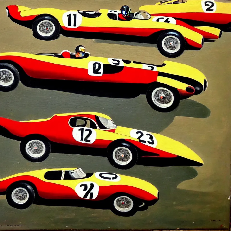 Image similar to a oil painting of a vintage car racing poster
