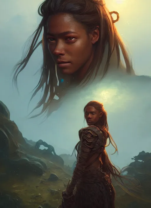 Prompt: highly detailed portrait of protagonist from elden ring, brown skin, adventure game, d & d, fantasy art by greg rutkowski, stanley artgerm, loish, rhads, tom bagshaw, global illumination, radiant light, detailed and intricate environment