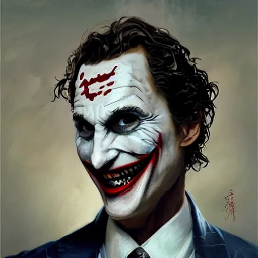 Image similar to matthew mcconaughey as joker, painted by wenjun lin, greg rutkowski