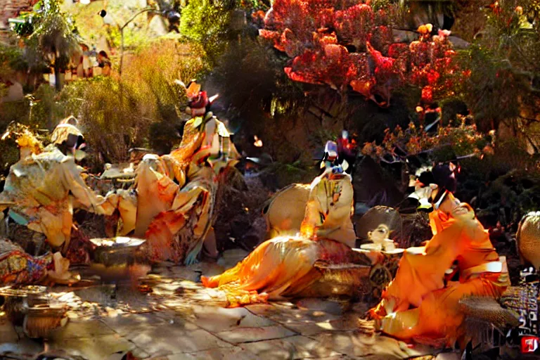 Image similar to wuxia, autumn, people drinking tea in garden, neon light, apricot flower falling, painting by gaston bussiere, craig mullins, j. c. leyendecker