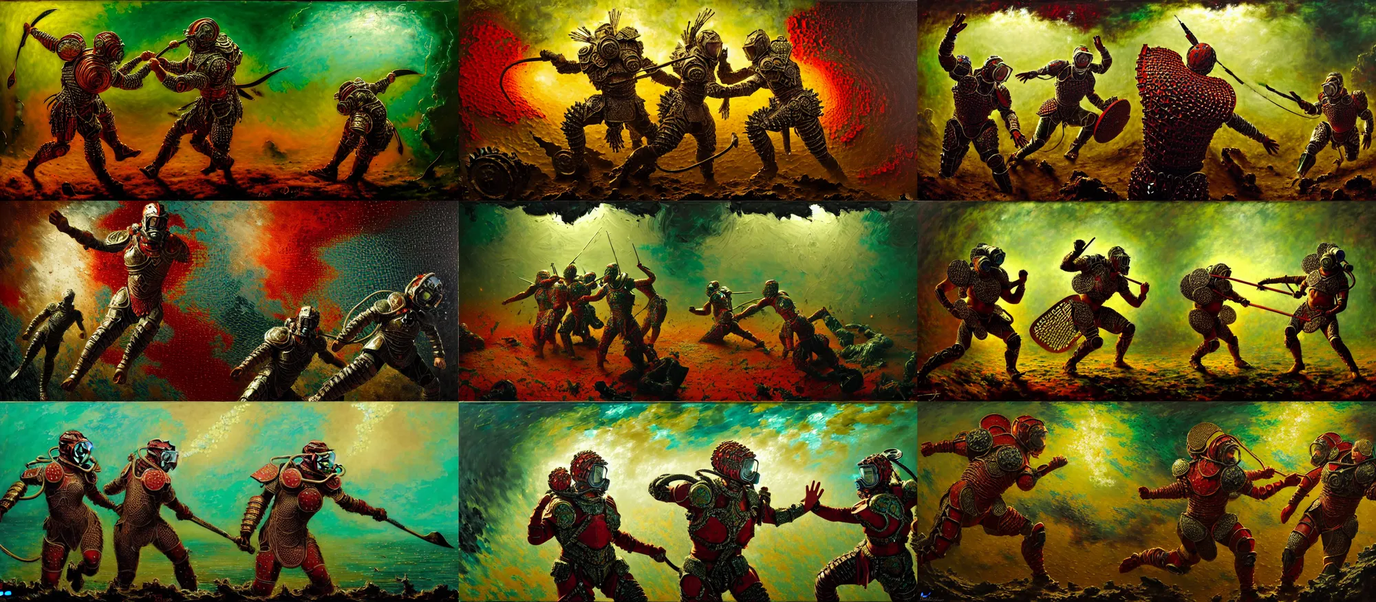 Prompt: battle scene, scuba - gladiators, fractal armor with girih bargello patterns, luminist, tonalism, dramatic lighting, action, palette knife, frenetic, chiaroscuro, figurative art, detailed, proportions, spatter, dust, atmospheric, volumetric lighting, venetian red, raw sienna, sage green