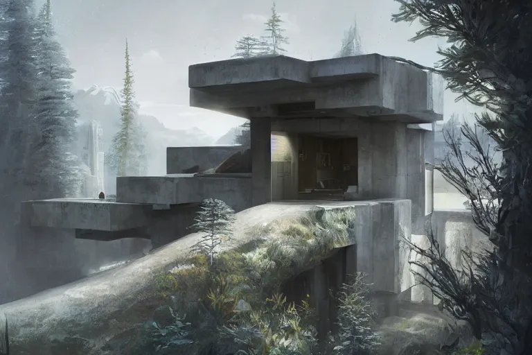 Image similar to brutalist futuristic white residence, pacific northwest, by Jessica Rossier and Brian Froud