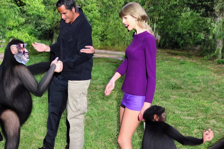 Image similar to Taylor Swift shaking hands with a chimpanzee